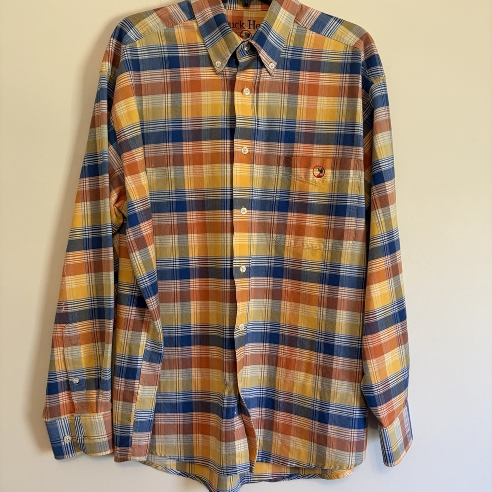 Duck Head Men's Medium Plaid Button Up‎ Long Sleeve Shirt Blue Yellow Orange